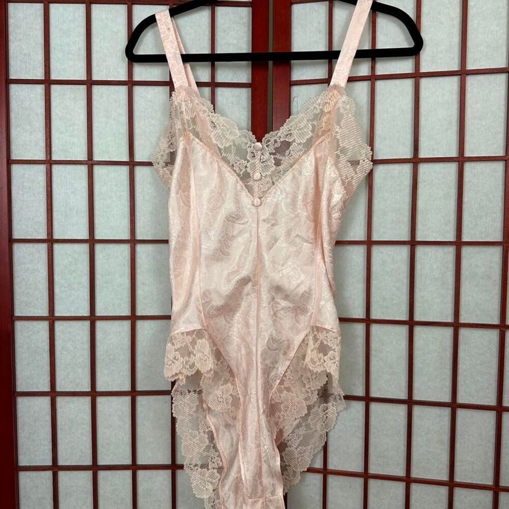 Vintage Katherine Bishop Baby Pink Teddy Bodysuit Lingerie Lace